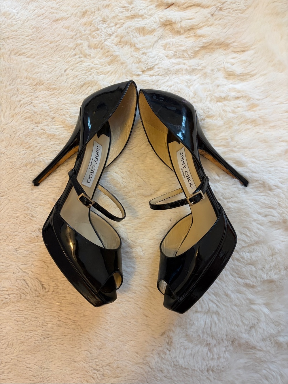 Jimmy Choo Black Patent Mary Jane Peep-Toe Stilettos